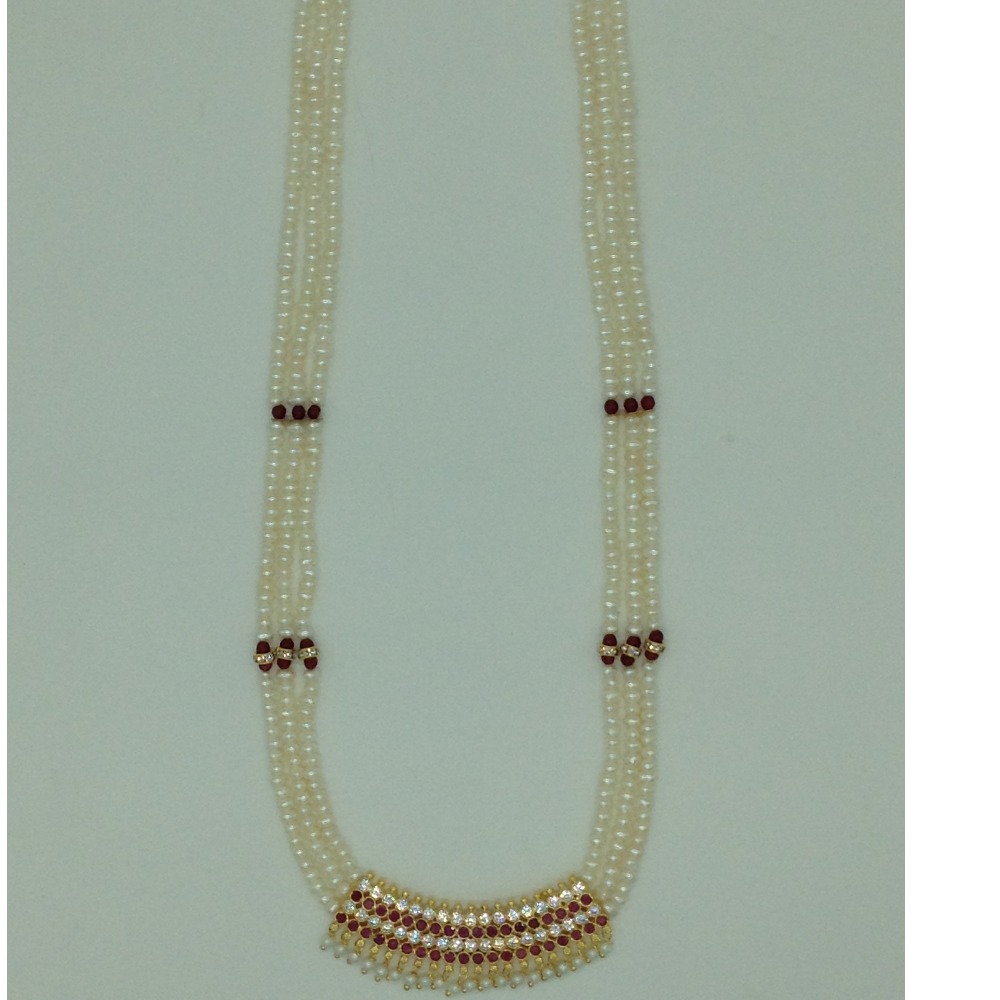 Red,white cz pendent set with flat pearls mala jps0603