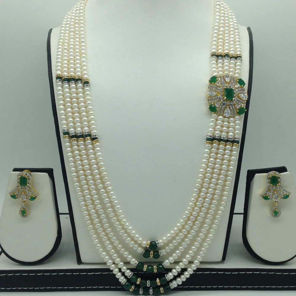 White,green cz Diamond broach set with 5 line pearls mala jps0788