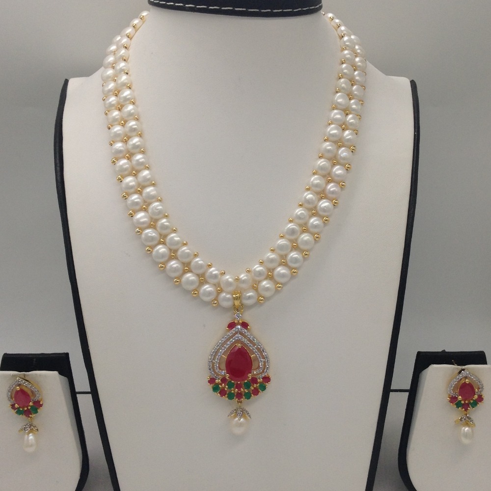 Tri colour cz pendent set with 2 line button pearls mala jps0265