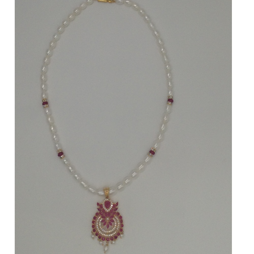 White, red cz pendent set with oval pearls mala jps0144