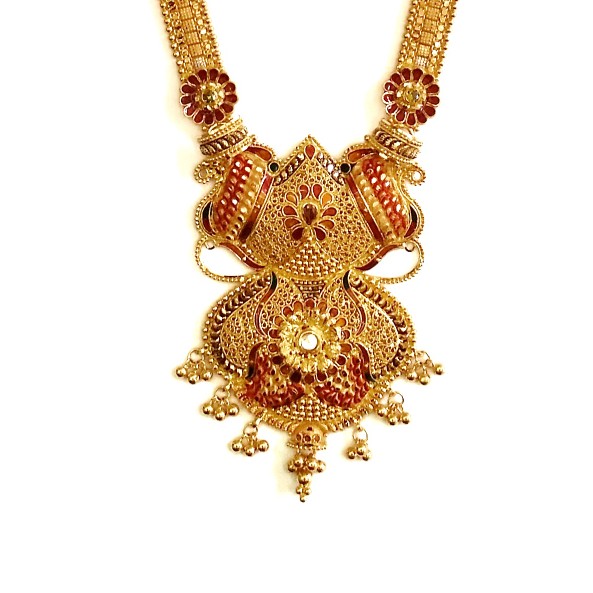 916 Gold Kalkatti Long Necklace With Earrings MGA - GLS050