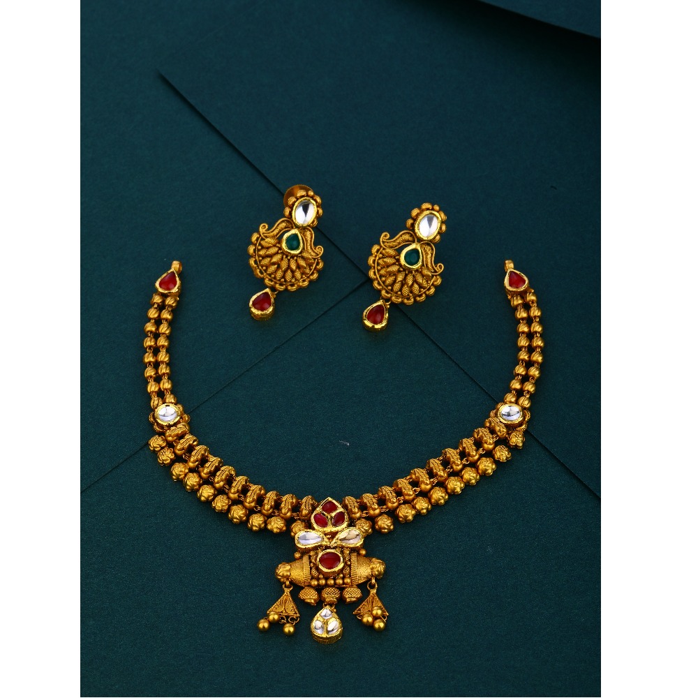 916 cz  wedding wear Antique gold hallmark necklace set 