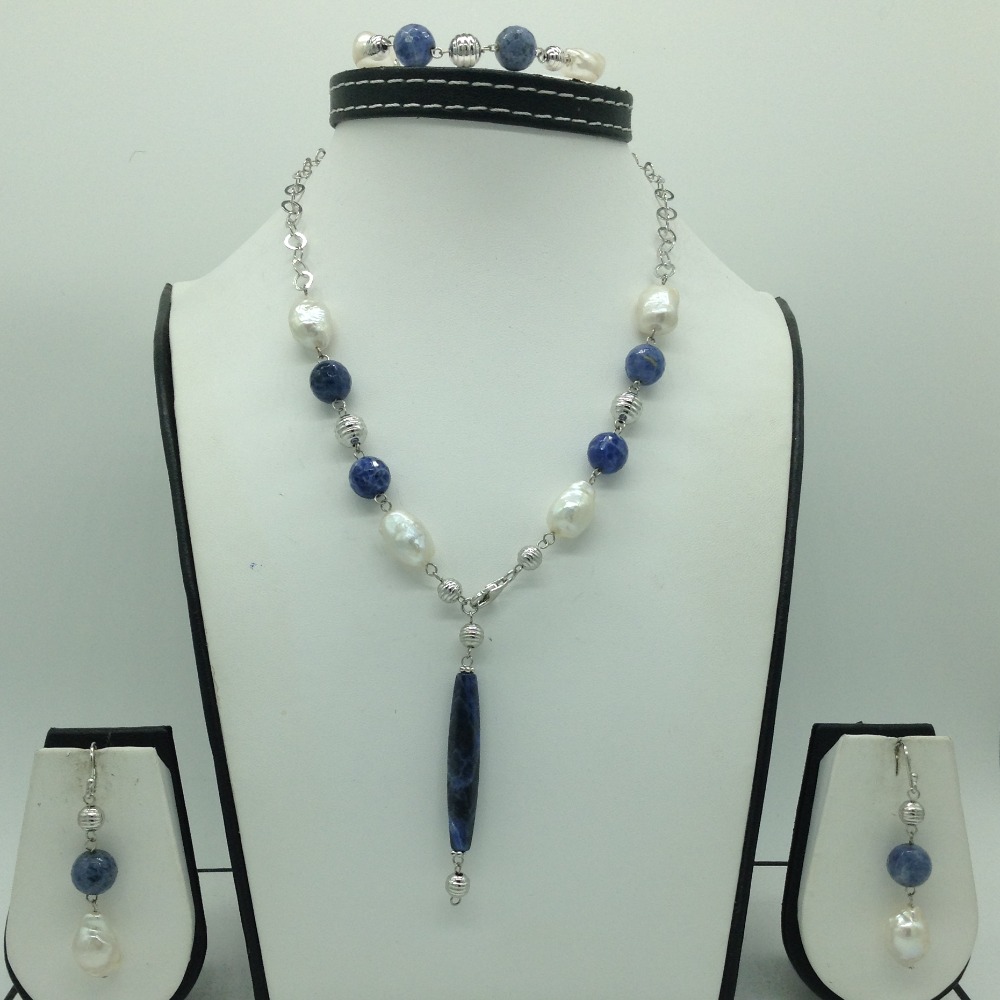 Freshwater white pearls and lapis lazuli silver necklace set jnc0080