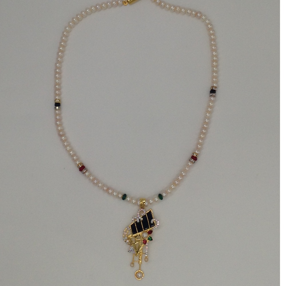 White cz and enamel pendent set with flat pearls mala jps0034