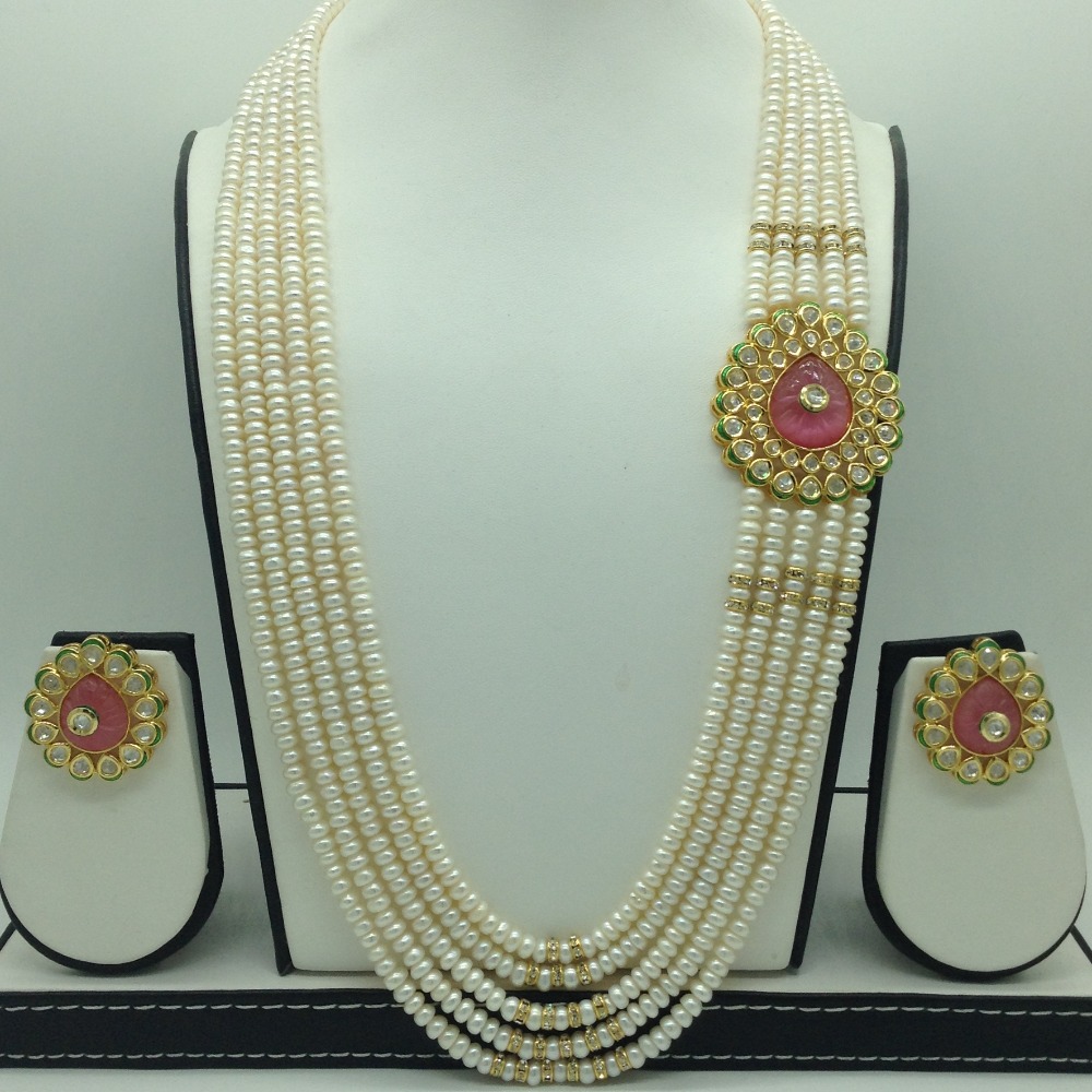 White,pink cz broach set with 5 line pearls mala jps0784