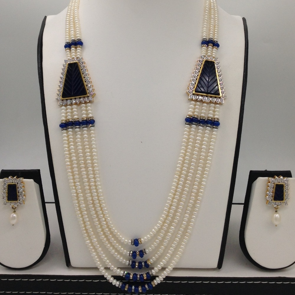 White cz and blue semi precious stone broach set with 5 lines flat pearls mala jps0440