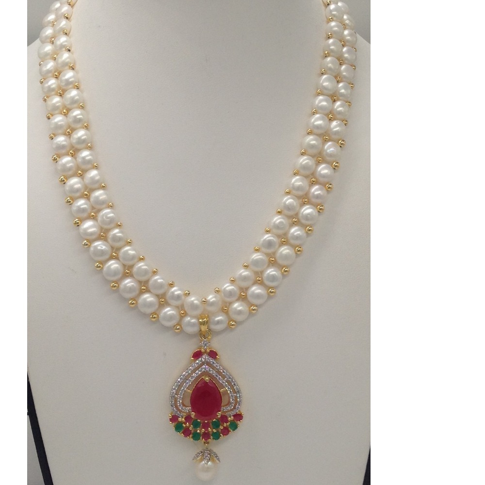 Tri colour cz pendent set with 2 line button pearls mala jps0265