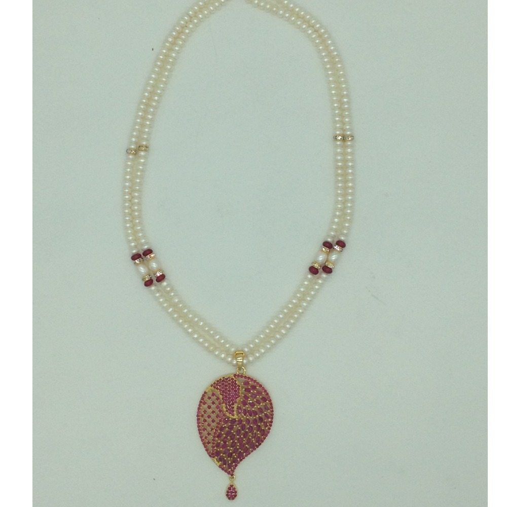 Red cz pendent set with 2 line flat pearls mala jps0647