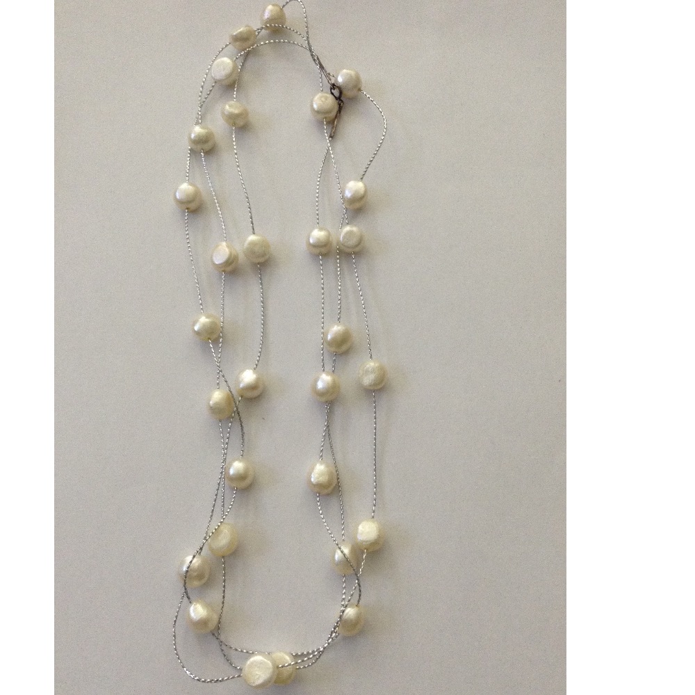 Freshwater white button pearls long white chain mala JPM0303