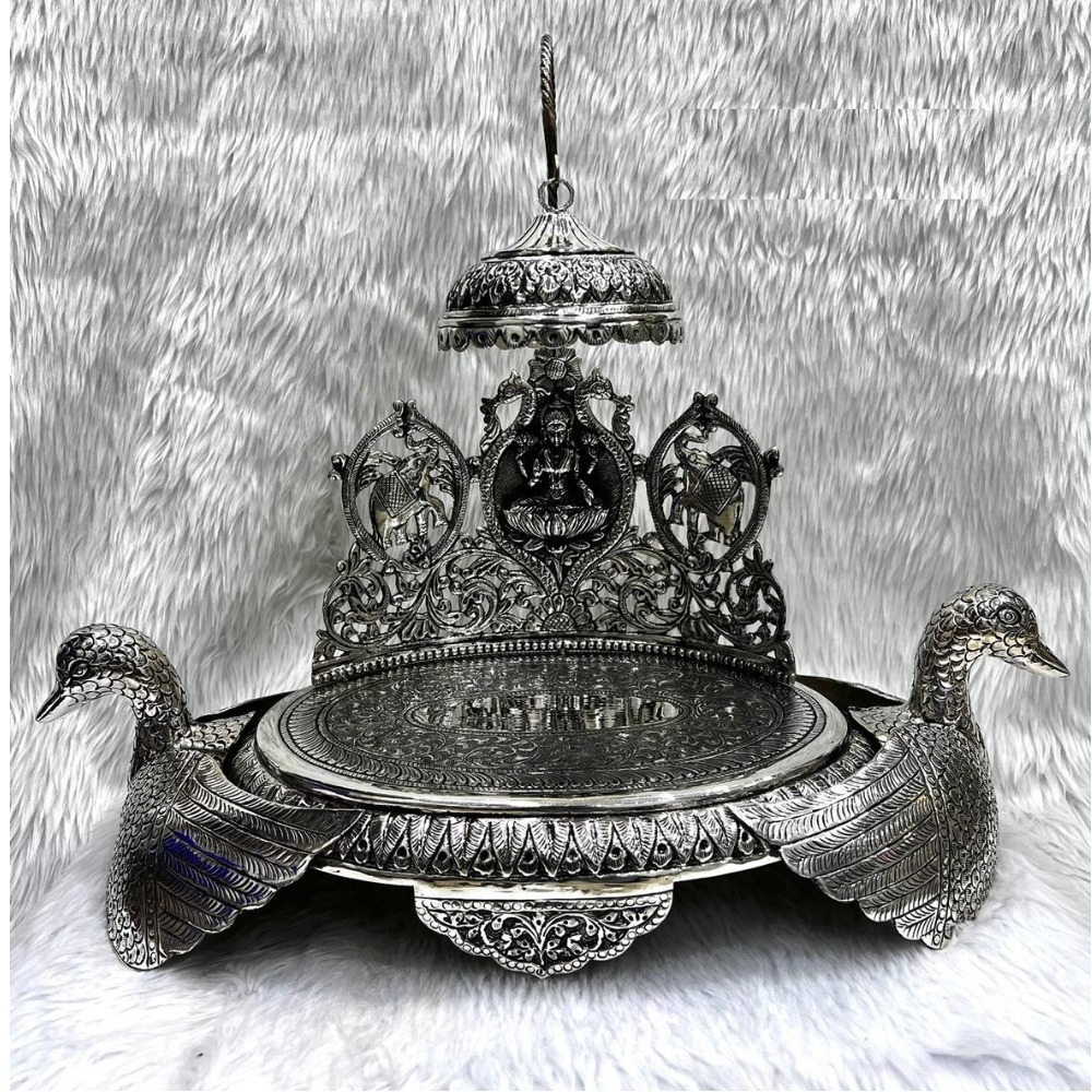 Pure silver gaj lakshmi singhasan on swan in antique