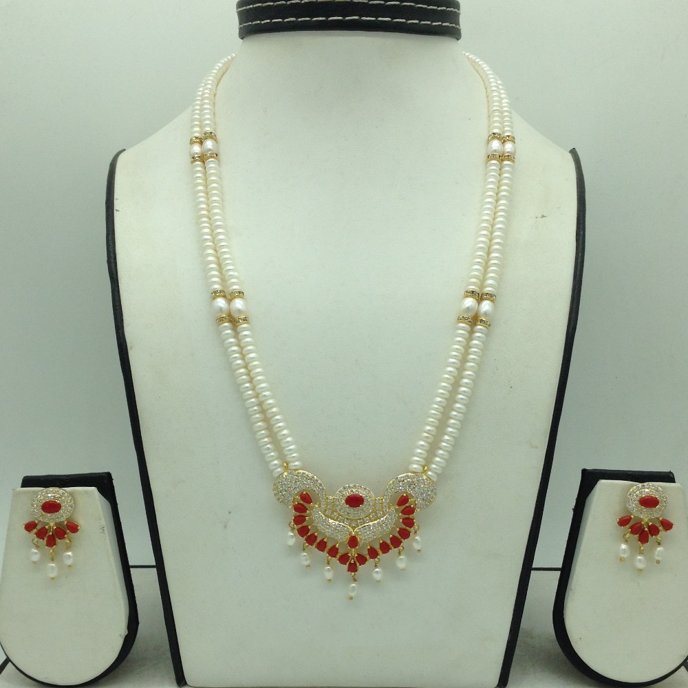 White Cz and Corals Pendent Set With 2 Line White Pearls Mala JPS0817