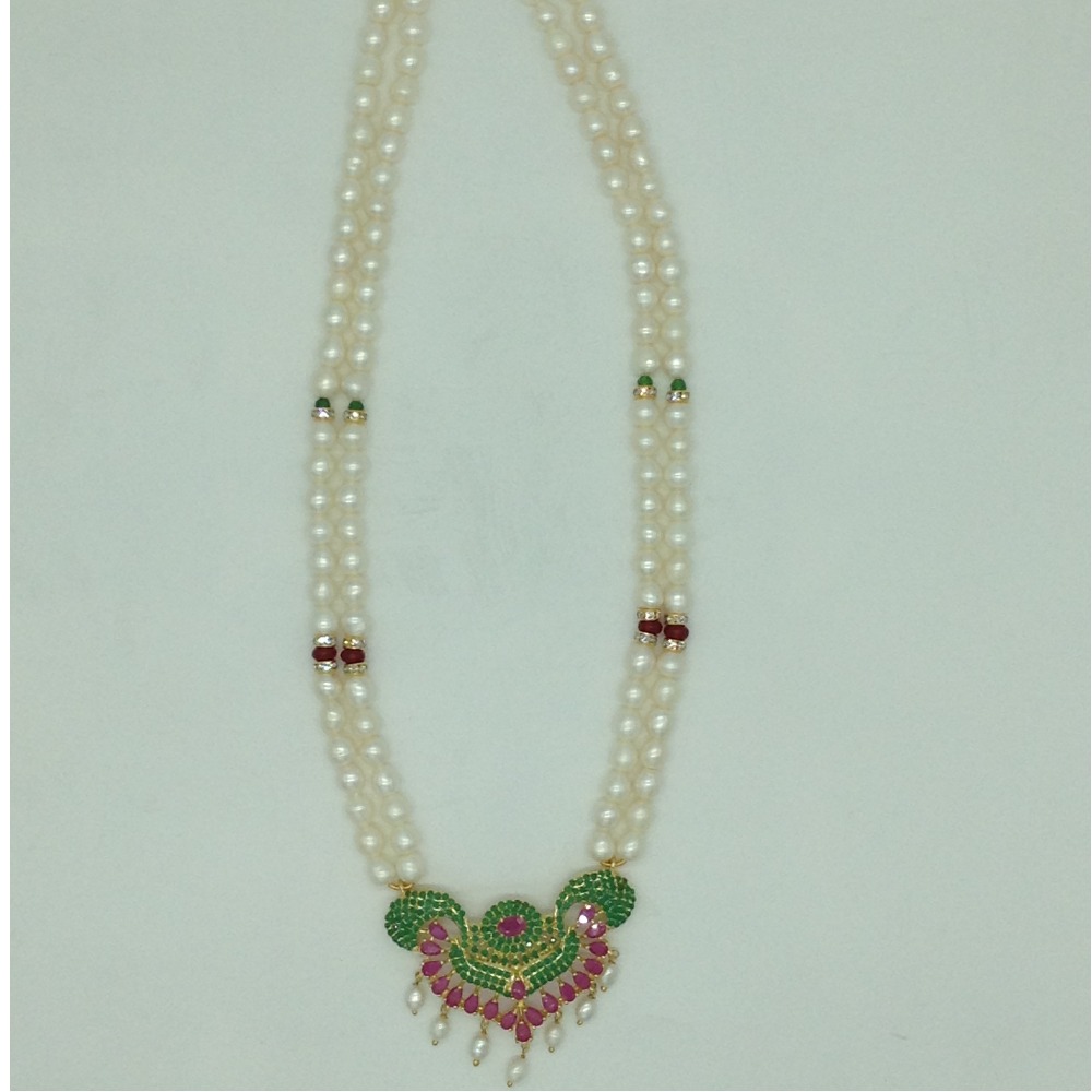 Red,Green CZ Pendent Set With 2 Line White Pearls Mala JPS0865