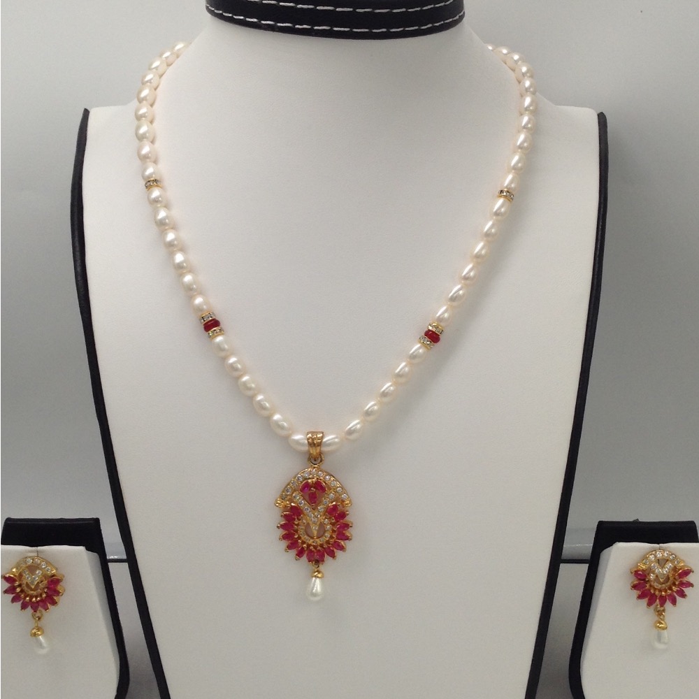 White;Red cz pendent set with oval pearls mala jps0093