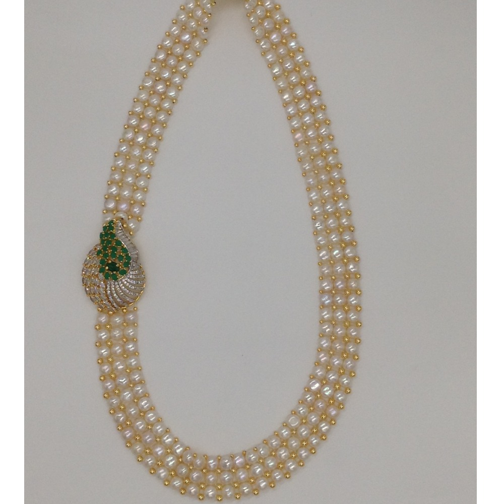 White And Green CZ Broach Set With 3 Line Button Jali Pearls Mala JPS0189