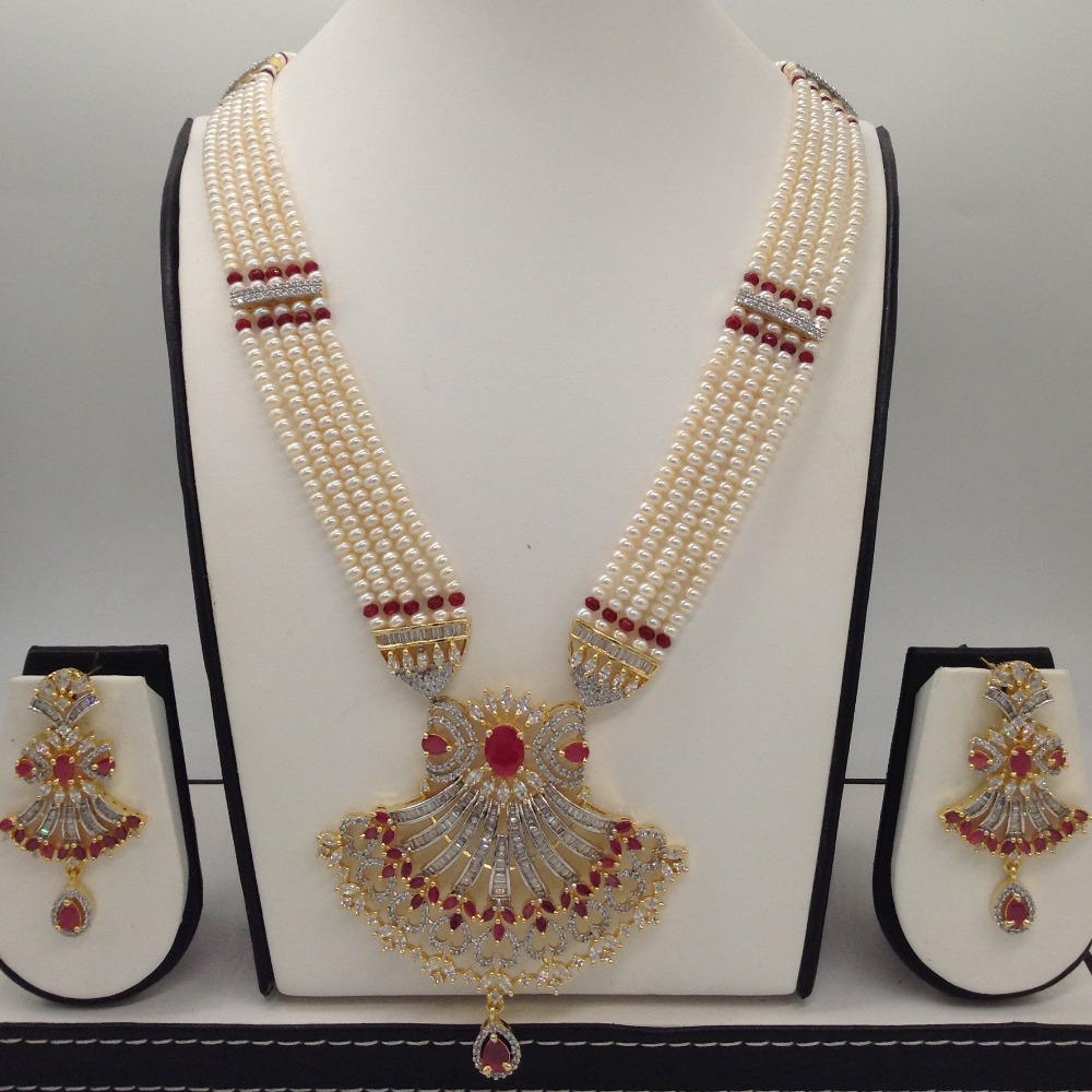 White and red cz rani haar set with 5 lines flat pearls mala jps0495