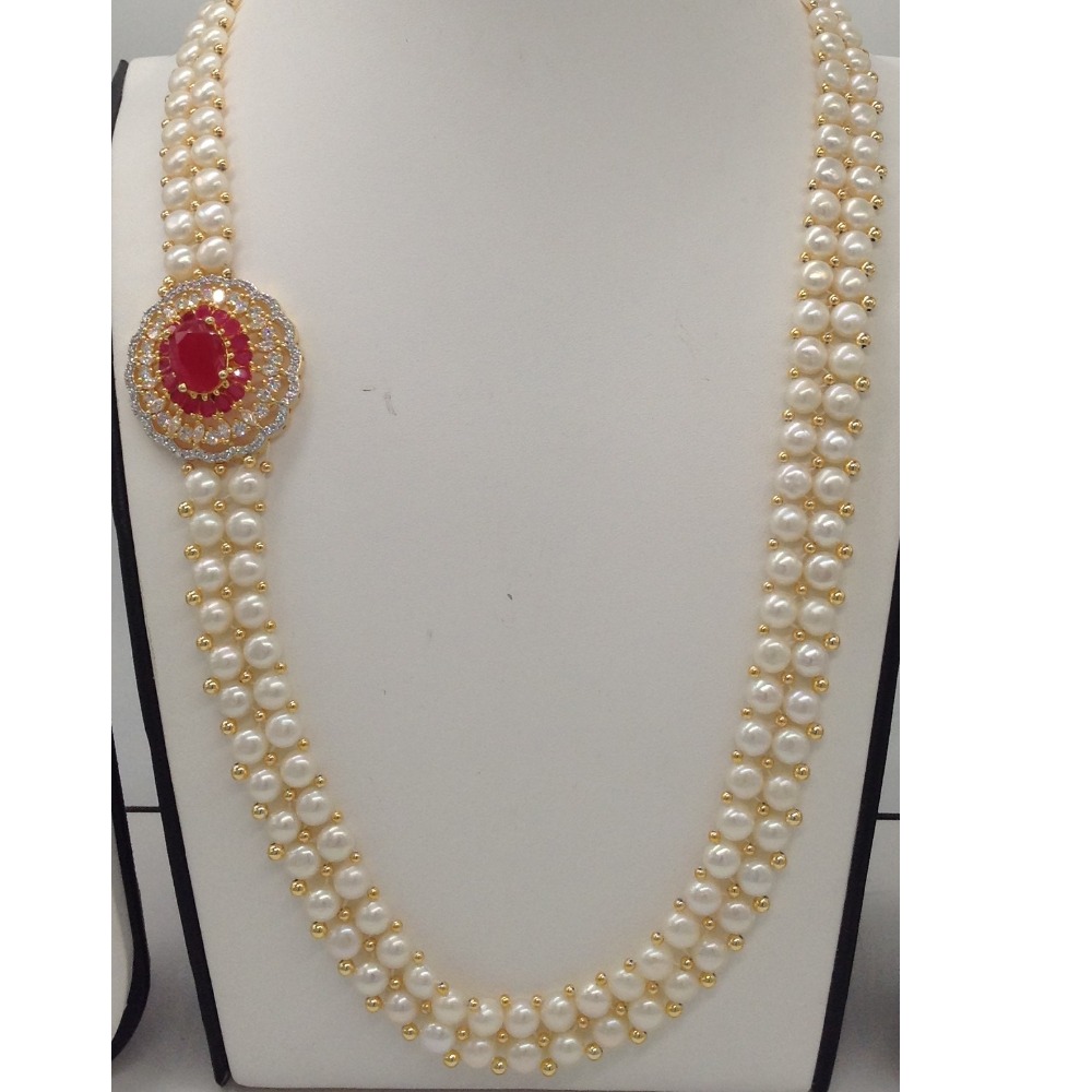 White And Red CZ Broach Set With 2 Line Button Jali Pearls Mala JPS0217