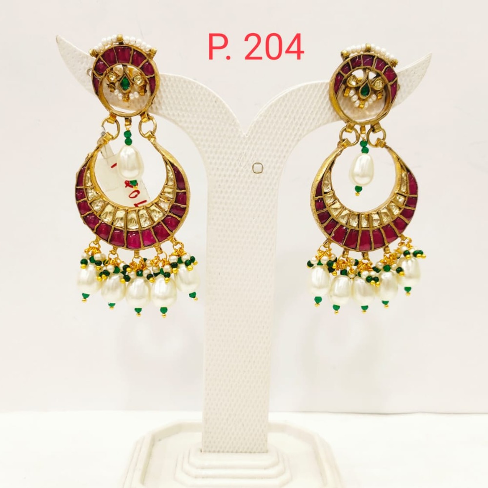 Moon shape Gold plated Ruby stone Earring with Hanging Pearl  1703