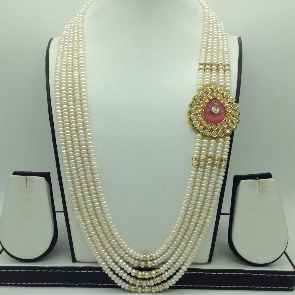 White,pink cz broach set with 5 line pearls mala jps0784