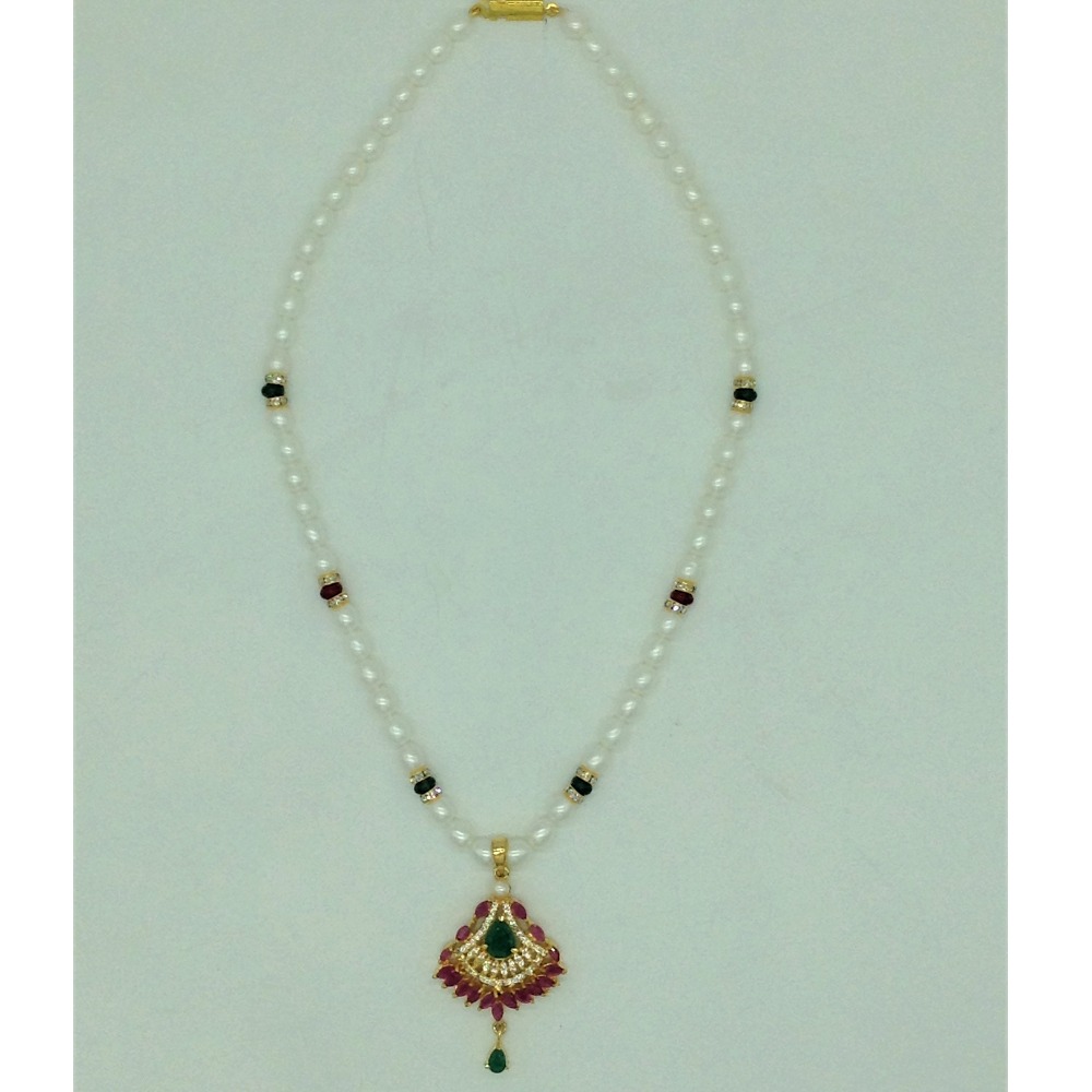 Multi CZ Pendent Set With 1 Line Oval Pearls Mala JPS0728
