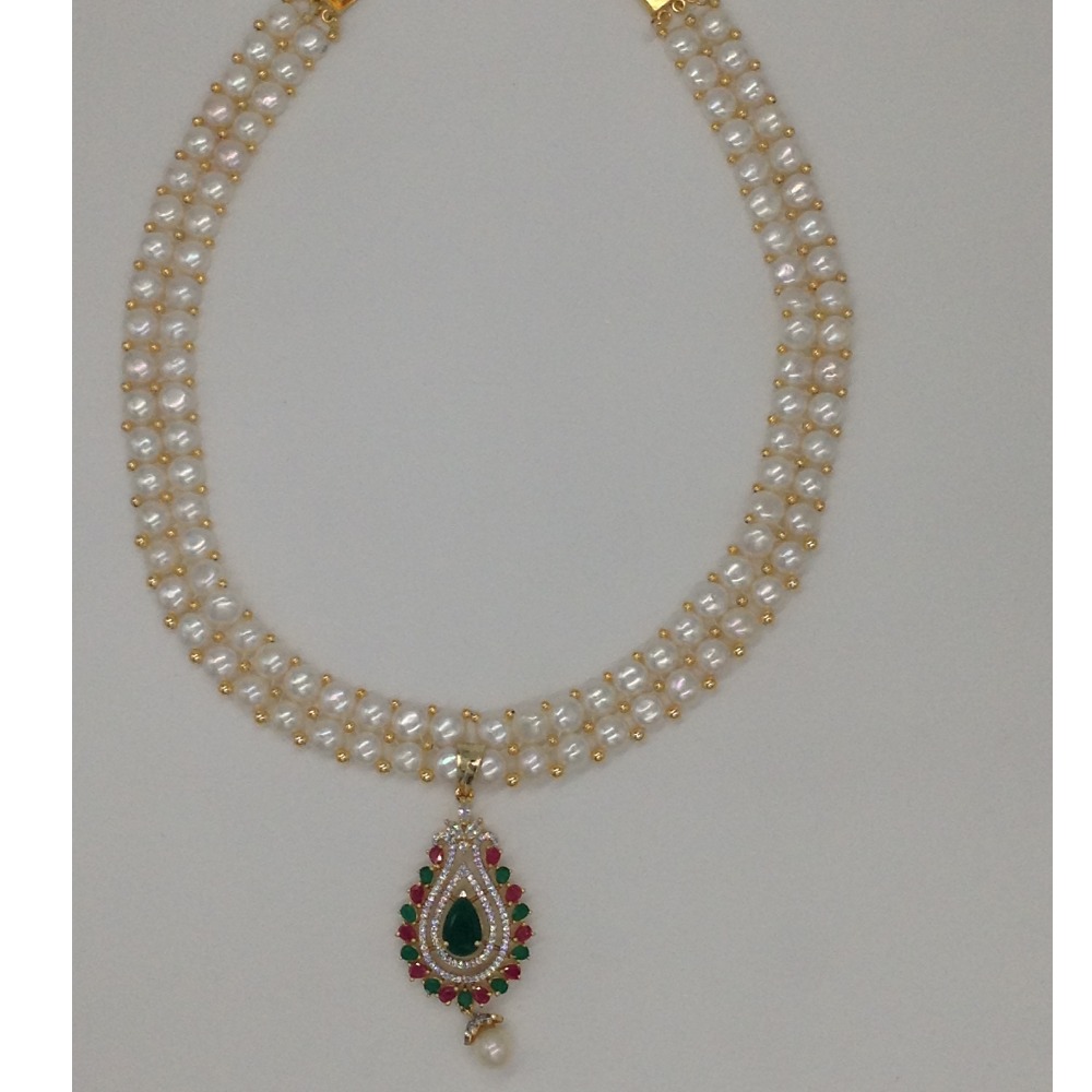 Tri colour cz pendent set with 2 line button pearls mala jps0249
