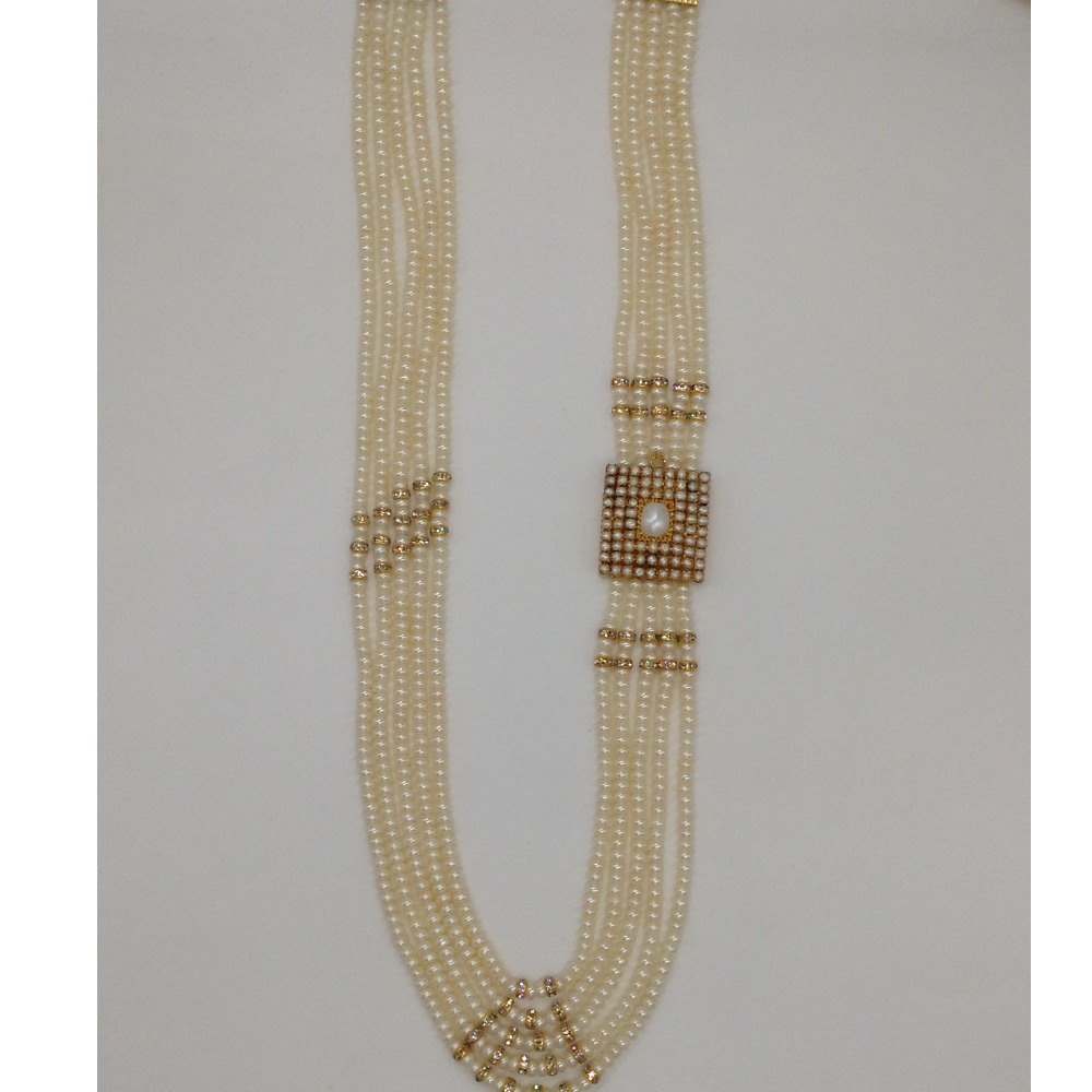 White pearls brooch set with 5 lines flat pearls mala jps0457