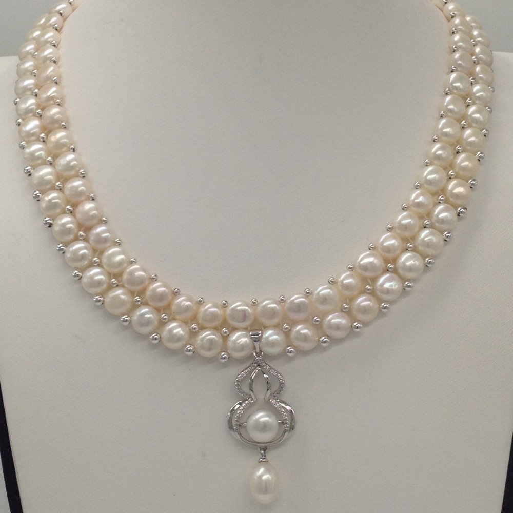 White cz pendent set with 2 line button pearls mala jps0260