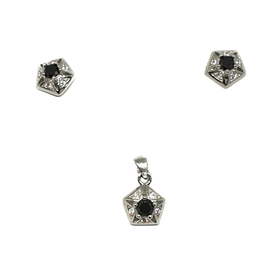 925 Sterling Silver Hexagon Shape Black Diamond Pendant Set MGA - PTS0062