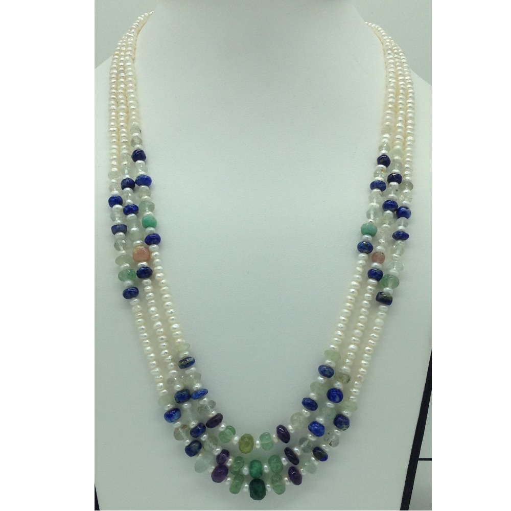 Freshwater white pearls with stones 3 layers necklace jpm0375