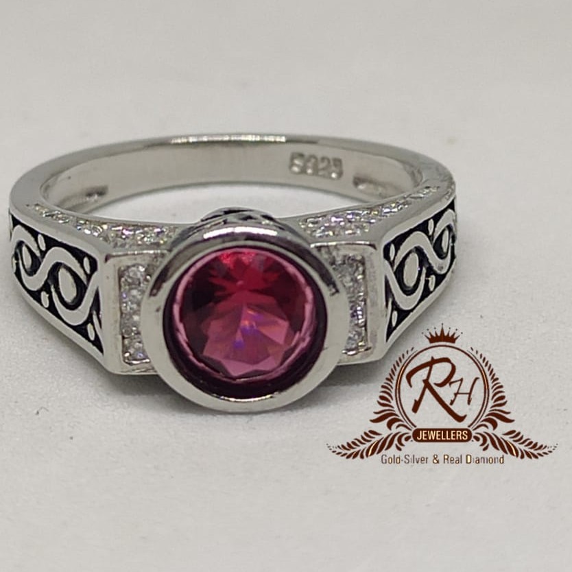 92.5 silver red stone daimond antic gents ring Rh-Gr956