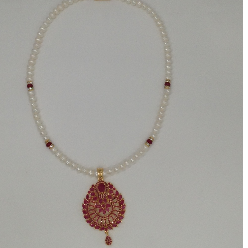 Red cz pendent set with potato pearls mala jps0109
