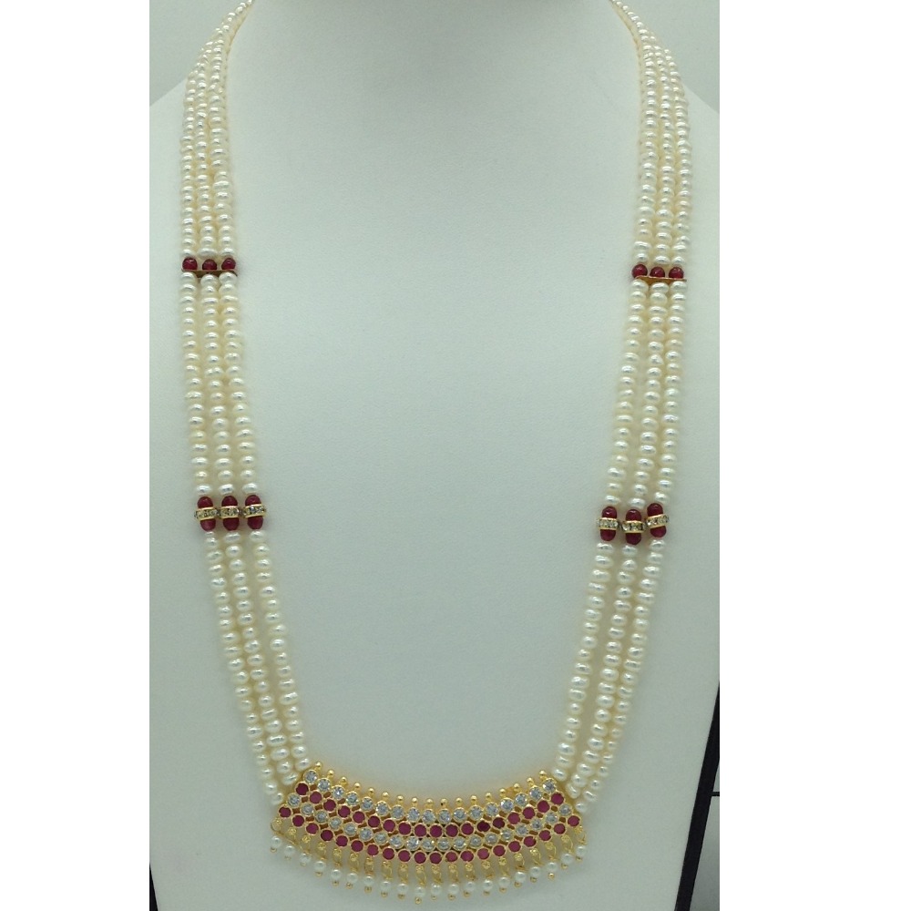 Red,white cz pendent set with flat pearls mala jps0603
