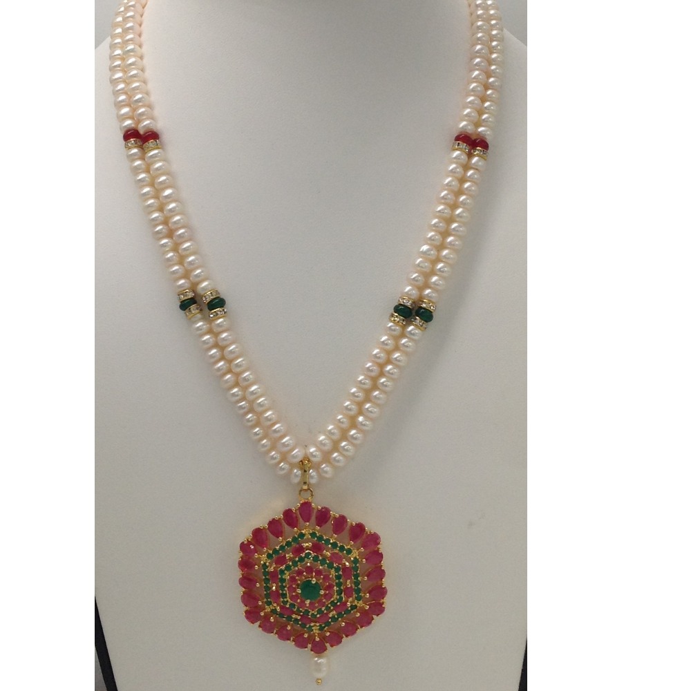 Red, green cz pendent set with 2 line flat pearls mala jps0274