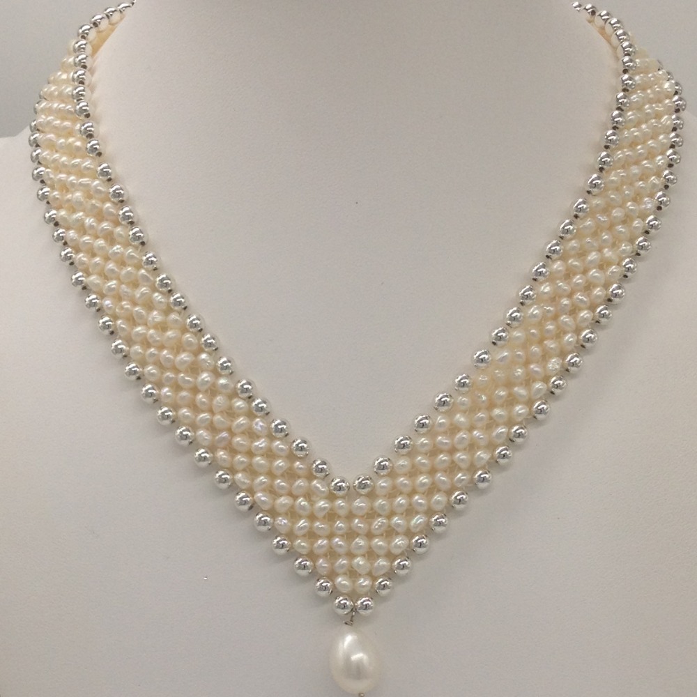 Freshwater white seed pearls "v" jaali necklace set jpp1029