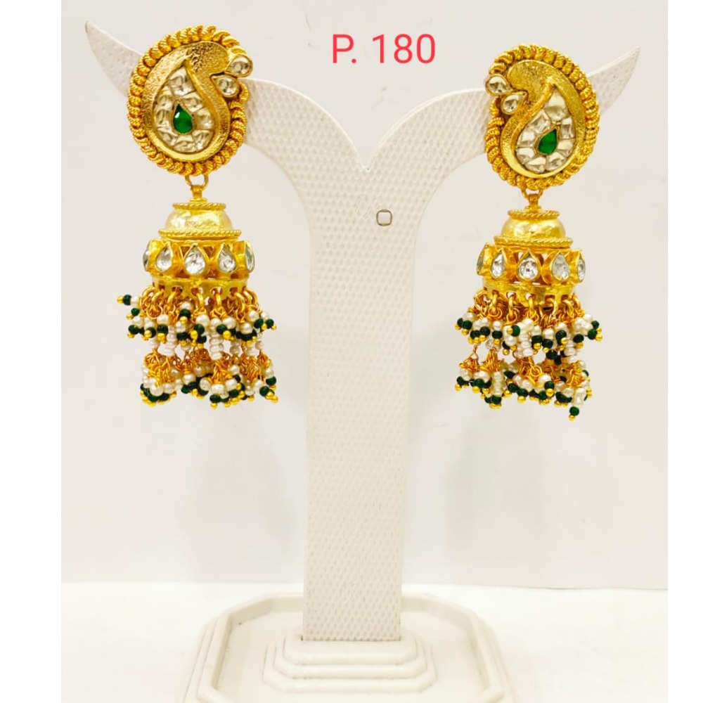 Keri shape Gold plated Wedding Jhumka earring with Hanging Moti 1690