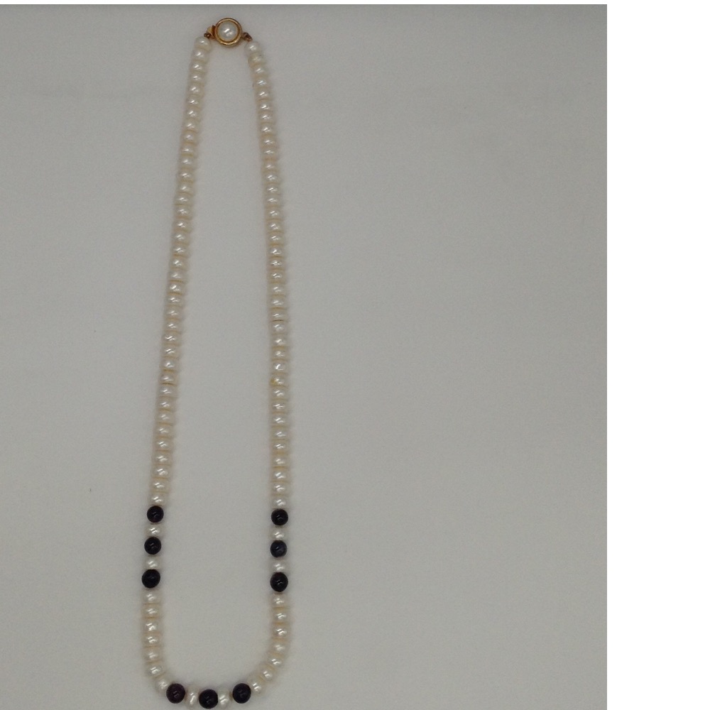white flat pearls mala with blue sapphires round beeds JPM0194