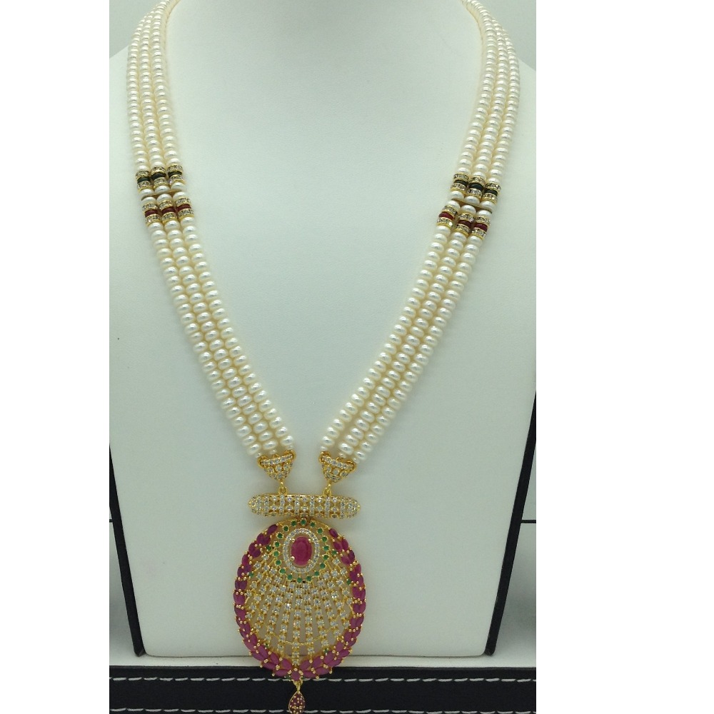Tricolour cz exclusive pendent set with flat pearls mala jps0594