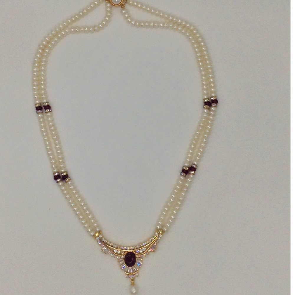 White cz;red semi pendent set with 2 line flat pearls jps0310