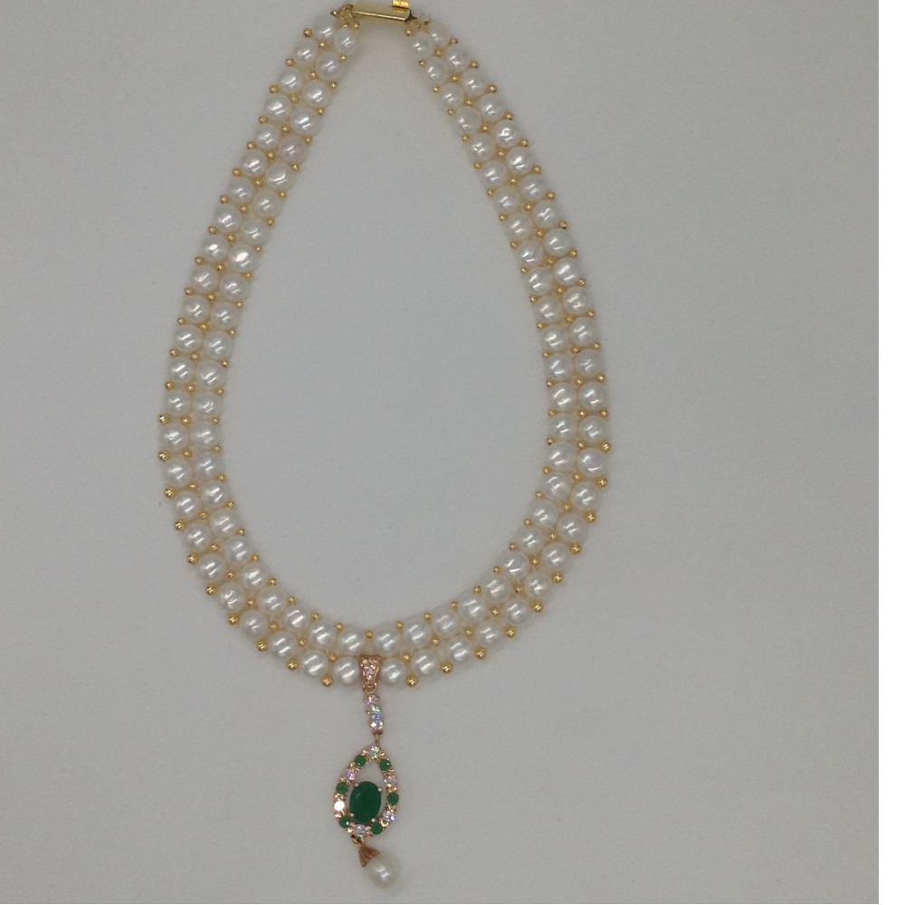 White, green cz pendent set with 2 line button pearls jps0255