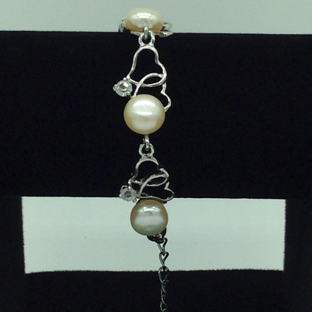 Cream Button Pearls With CZ Stones White Alloy Heart Bracelet JBG0210