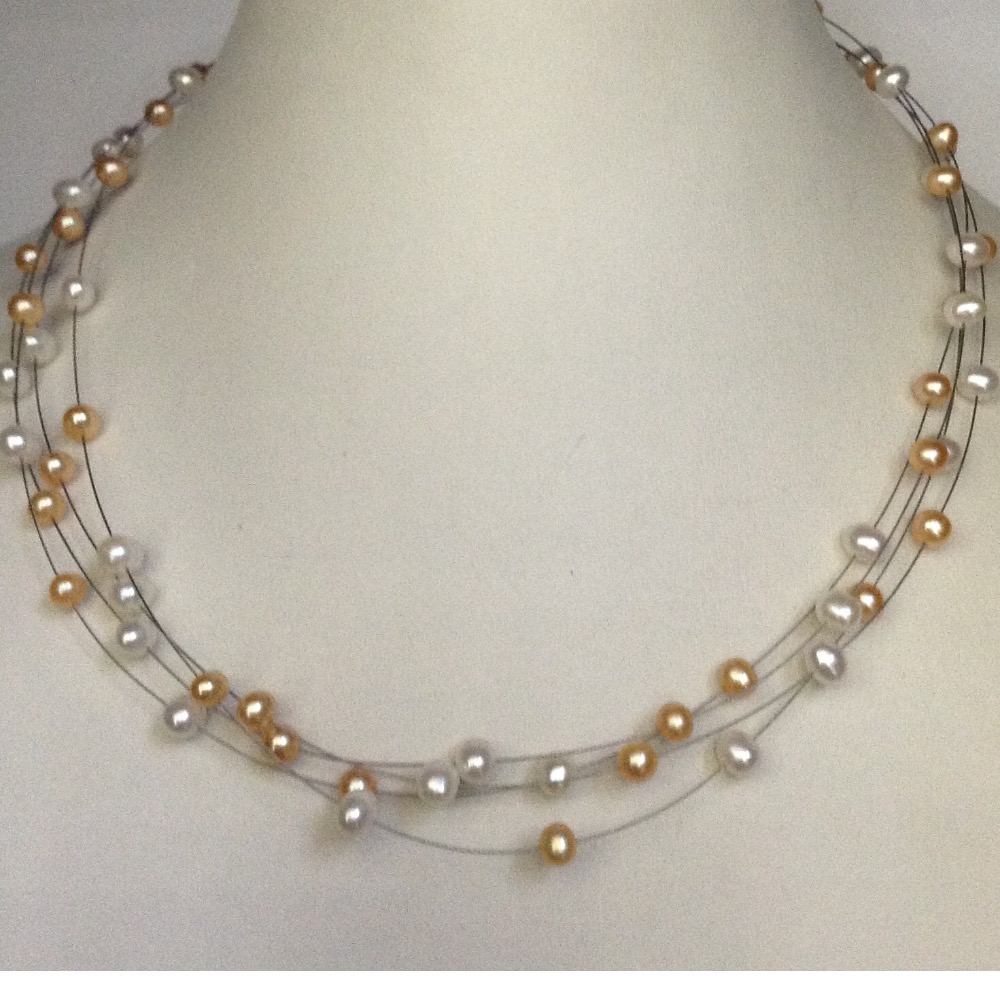 Freshwater White and Orange Potato Pearls 4 Layers Wire Necklace