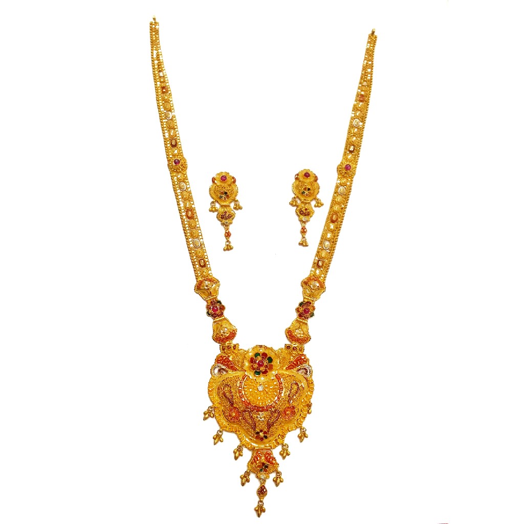 22k Gold Dark Pink Flower Shape Necklace Set MGA - GLS084
