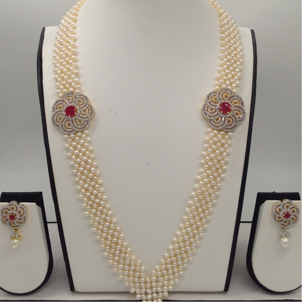 White And Red CZ Broach Set With Seed "V" Jali Pearls Mala JPS0203