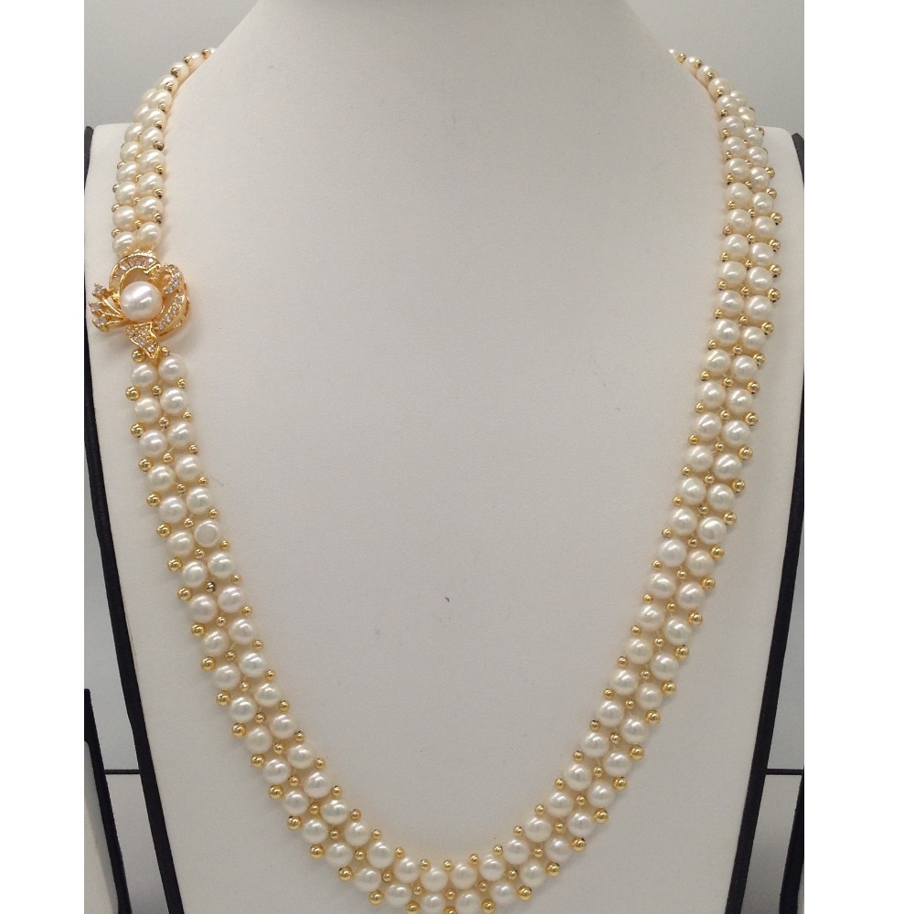 White CZ And Pearls Broach Set With 2 Line Button Jali Pearls Mala JPS0184