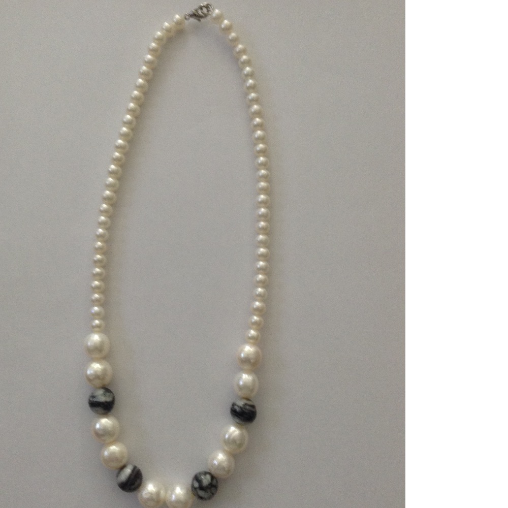 Freshwater White Round Pearls Mala With Semi Precious Beeds JPM0274