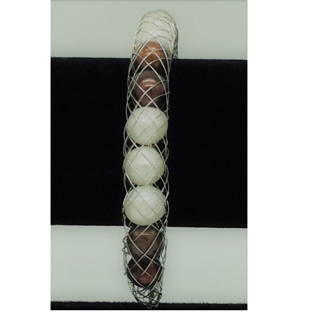 White and brown potato pearls wire mesh bracelet jbg0203