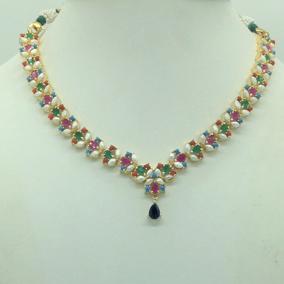 Navratan and white button pearls necklace set jnc0165