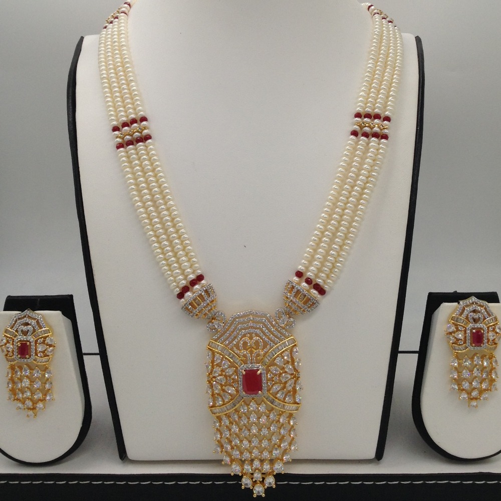 Buy quality White;red cz ranihaar set with 4 lines flat pearls jps0454 ...