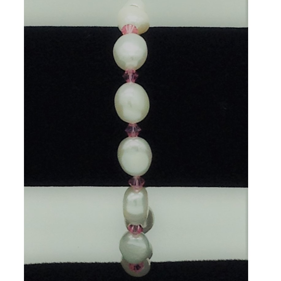 White oval baroque pearls with pink crystals 1 layer elastic bracelet