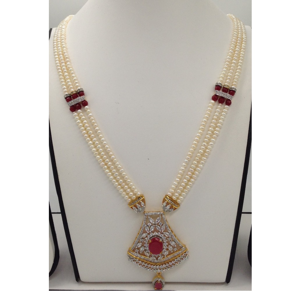 White;red cz ranihaar set with 3 lines flat pearls jps0467