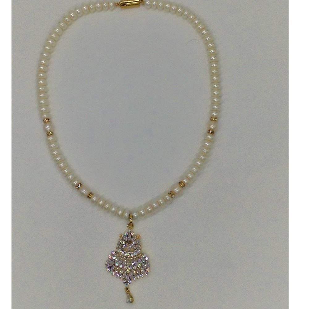 White cz pendent set with 1 line flat pearls mala jps0349